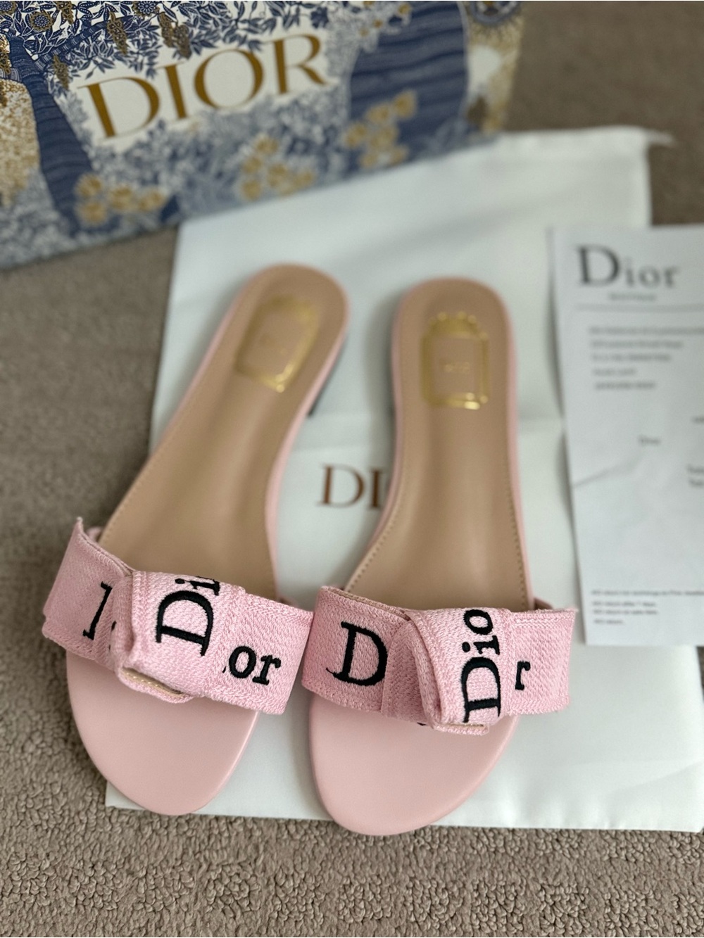 Dior Pink Bow Logo Slide Sandals